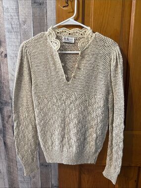 RK Knits Cream Crochet Collar Knit Sweater